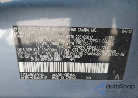 2012 Toyota Rav4 из США, поврежденный, VIN 2T3KF4DV4CW119092